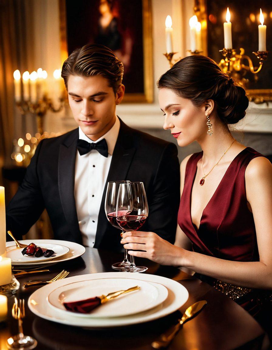 A luxurious setting showcasing an elegant couple enjoying an intimate dinner, surrounded by opulent details such as fine wine glasses, soft candlelight, and a lavish table setting. The atmosphere exudes an air of sophistication and exclusivity, with subtle hints of modern romance. Soft focus on the couple, emphasizing connection and mutual attraction. seductive color palette with gold and deep red tones. super-realistic. vibrant colors.